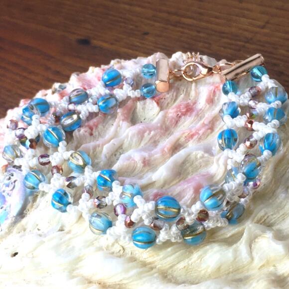 Blue, Gold & Ivory Netted Woven Bracelet - Picture 5 of 6